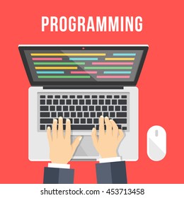 Programming concept. Man is coding. Hands, laptop with lines of code on screen and computer mouse. Top view. Flat design graphics for web banners, web sites, printed materials. Vector illustration