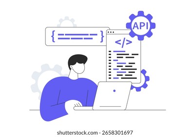 Conceito de programação. Homem trabalhando como administrador e gerenciando criações de software, fazendo melhorias e otimização, controlando operações. Ilustração plana de vetor de desenhos animados, ícone. Elegante 
