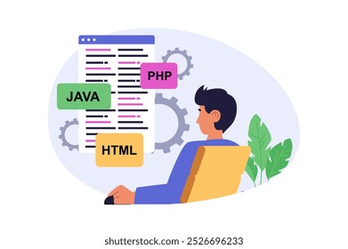 Programming concept in modern flat design for web. Man working with java, php and html computer languages at screen, creating software products and coding, developing new service. Vector illustration.