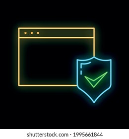Programming concept online computer icon neon glow style, remote data storage, protect info outline flat vector illustration, isolated on white. Concept modern web server tool cloud security.