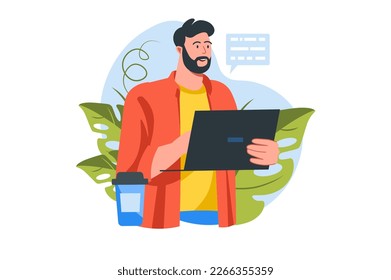 Programming concept with people scene in the flat cartoon style. Programmer works on writing code for programs and drinks coffee in the office. Vector illustration.