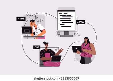 Programming concept with people scene in the flat cartoon style. Programmers work on various components of software code. Vector illustration.