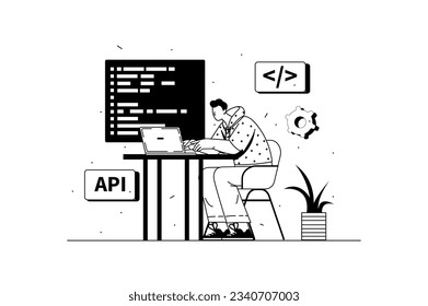 Programming concept with people scene in the flat line cartoon design. A programmer writes code for various programs. Vector illustration.