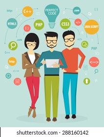 programming concept, process coding, programmers, teamwork, flat design style