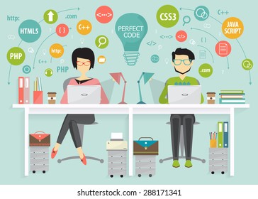 programming concept, process coding, programmers, teamwork, flat design style