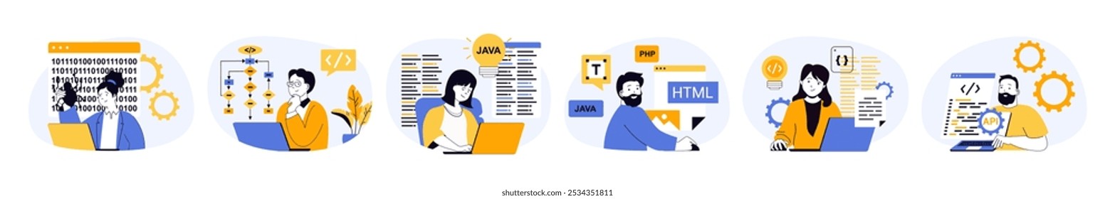 Concepto de programación con personajes en diseño plano para el Web. Personas que trabajan diferentes lenguajes informáticos, creando programas en pantallas, fijando y Configuraciones de código de productos. Ilustraciones vectoriales.