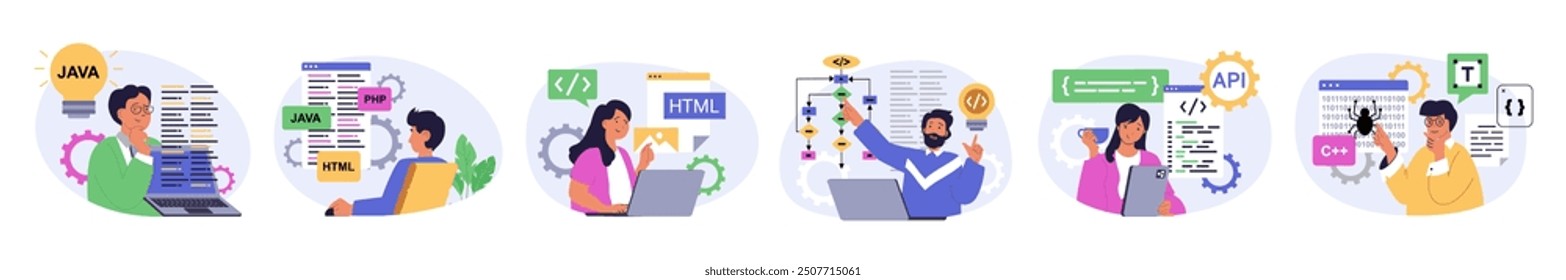 Programming concept set in flat design for web. Collection with people coding on computer or laptop on html, php, java, creating scripts and algorithms, developing programs. Vector illustration.