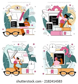 Programming concept set. Idea of coding, testing and writing programs and applications. Website front end and back end development and optimization. Flat vector illustration