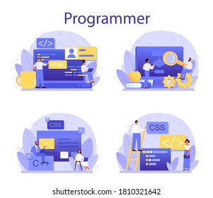 Programming concept set. Idea of working on the computer, coding, testing and writing program, using internet and different software. Website development . Isolated vector illustration