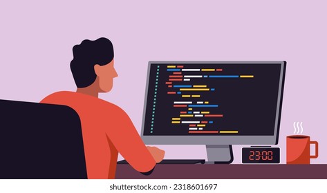 Programming concept, software developer writing code and coding HTML on computer screen in the office, flat vector illustration