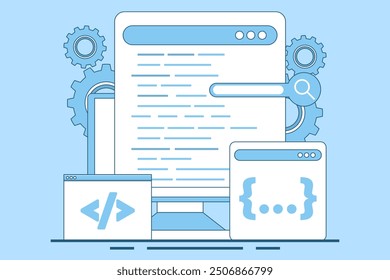 Programming Concept, Software development and programming, program code on laptop screen, big data processing, computing, programming language. flat vector illustration on background.