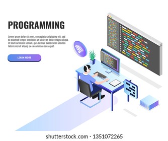 Programming concept, web engineer at work. Web banner, infographics. Isometric vector illustration.