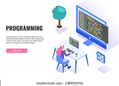Programming concept, web engineer at work. Woman working on desktop computer. Web banner, infographics. Isometric vector illustration.