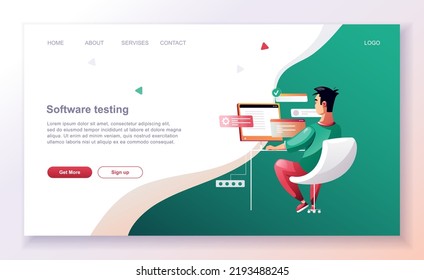 Programming concept, web engineer at work, vector images. Developer programming web site landing page template.