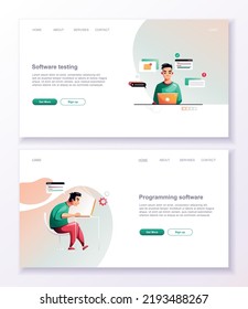 Programming concept, web engineer at work, vector images. Developer programming web site landing page template.