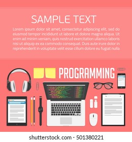 Programming concept. Work place of programmer.