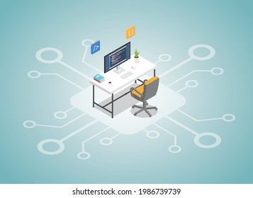 programming concept with workspace and network sign with modern flat isometric style