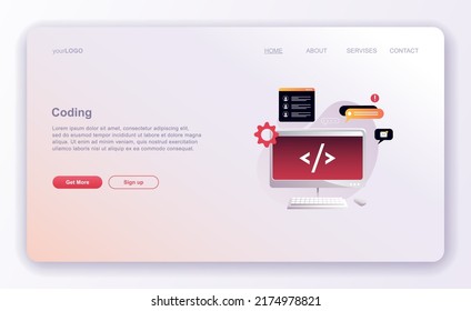 Programming concepts, coder workplace, vector illustration. Web site landing page template.