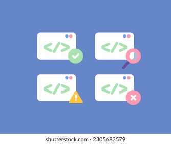 Programming is correct, false, and error. program analysis. coding. Alerts and notifications. set or collection of symbols or icons. concept design. vector elements. blue background