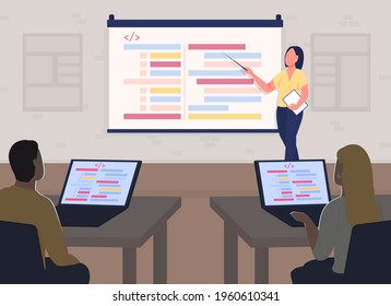 Programming course flat color vector illustration. Seminar information on projector screen. Professional training. Coding students, teacher 2D cartoon characters with classroom interior on background