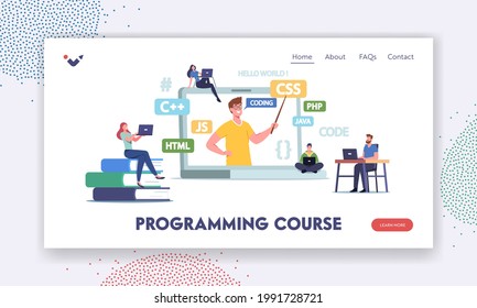 Programming Courses Landing Page Template. Tiny Students Characters at Huge Laptop with Coach Explain Programmer Classes during Online Webinar, Software Development. Cartoon People Vector Illustration