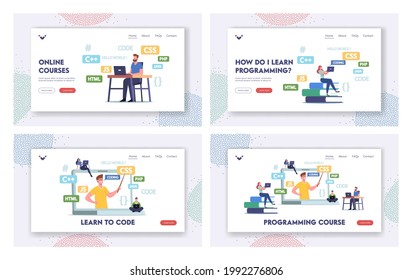 Programming Courses Landing Page Template Set. Tiny Students Characters at Huge Laptop with Coach Explain Programmer Classes, Online Webinar, Software Development. Cartoon People Vector Illustration