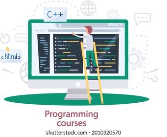 Programming courses online education, coding learning. Information technology teaching, IT lessons for all levels, computing and hi tech training concept. Software development educational platform