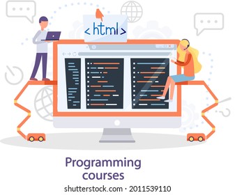 Programming courses online education, coding learning. Information technology teaching, IT lessons for all levels, computing and hi tech training concept. Software development educational platform