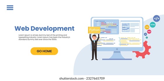 Programming courses web design concept with people. Students studying with computers scene. Online IT courses composition in flat style. Web Development