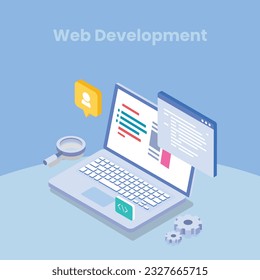 Programming courses web design concept with people. Students studying with computers scene. Online IT courses composition in flat style. Web Development