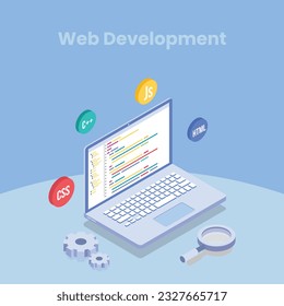 Programming courses web design concept with people. Students studying with computers scene. Online IT courses composition in flat style. Web Development