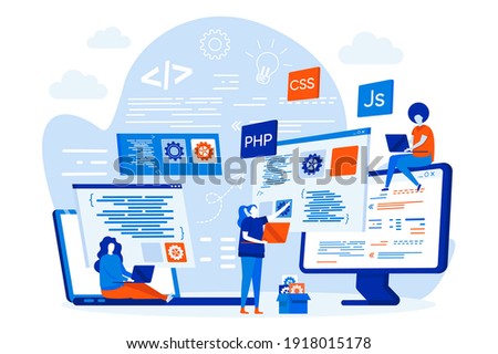 Programming courses web design concept with people. Students studying with computers scene. Online IT courses composition in flat style. Vector illustration for social media promotional materials.