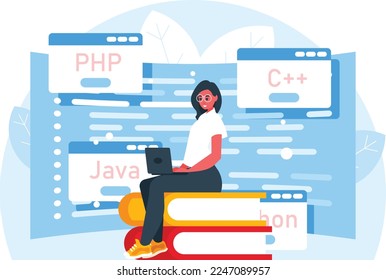 Programming courses. Woman with laptop sits on a stack of huge books. Female programmer at work. Control panel screen with program code. Programming languages. Vector graphics