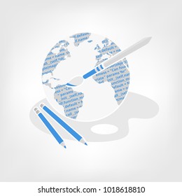 Programming create the world as artist, IT new age metaphor. Vector icon of earth globe covered with programming code