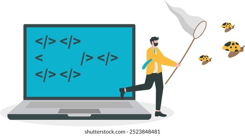 Programación de depuración de búsqueda de errores de software de aplicación y corregir el concepto de código, programador de nerd joven, codificador o probador de software que se ejecuta desde la computadora portátil utilizando herramientas de depuración para atrapar mariquitas.

