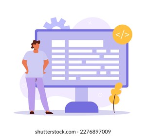 Programming design concept with people. Students studying with computers scene. Online IT courses composition in flat style. Vector illustration for social media promotional materials