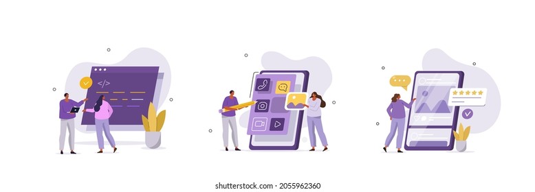 Programming And Design Illustration Set. Developers Designing Prototype, Programming User Interface And Testing Mobile App. UI, UX Development Concept. Vector Illustration.
