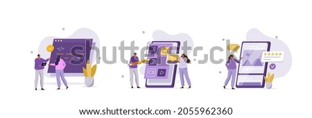 Programming and design illustration set. Developers designing prototype, programming user interface and testing mobile app. UI, UX development concept. Vector illustration.
