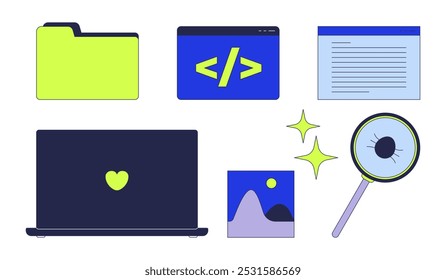 Programming desktop icons 2D cartoon objects set. Angle brackets slash. Bug fix. Open laptop. Folder document isolated elements flat vector cliparts on white background. Spot illustrations collection