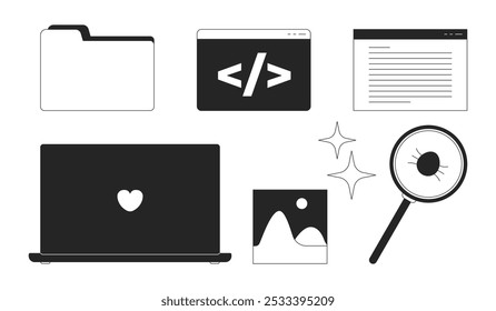 Programming desktop icons black and white 2D line objects set. Angle brackets slash. Bug fix, laptop. Folder document isolated clip arts vector outline items collection. Monochrome spot illustrations