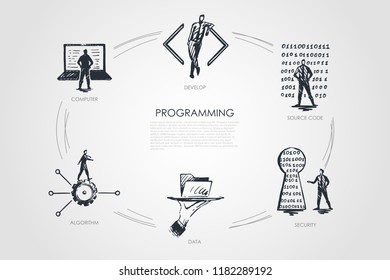 Programming, develop, source code, security, data, algorithm vector set