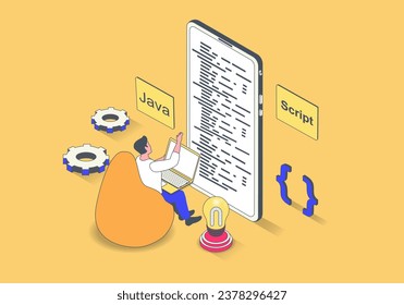 Programming and development concept in 3d isometric design. Man creating code for mobile software, working with java language and script. Vector illustration with isometry people scene for web graphic