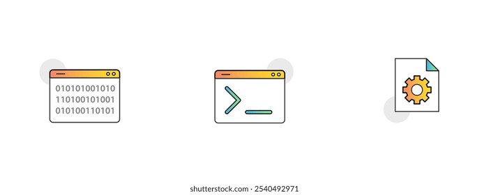 Programação e desenvolvimento. Ícones Incluídos: Interface De Linha De Comando, Código Binário, Arquivo De Configurações