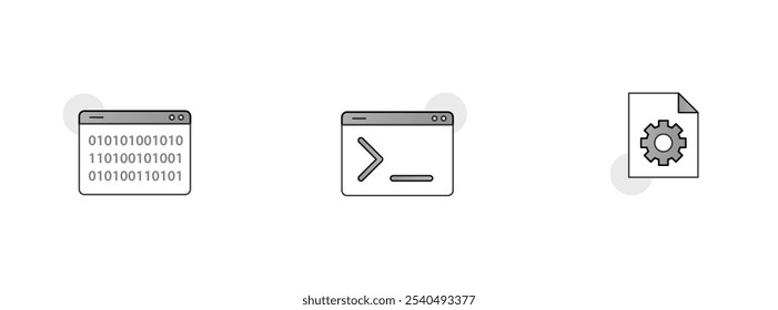Programación y Desarrollo. Iconos Incluidos: Interfaz De Línea De Comandos, Código Binario, Archivo De Configuraciones
