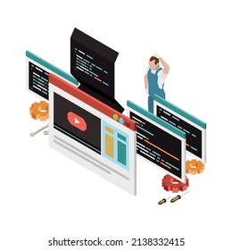 Programming development isometric composition with character of programmer with screens of code and media content vector illustration