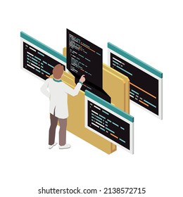 Programming development isometric composition with character of programmer with code on screens and folders vector illustration