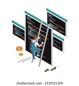 Programming development isometric composition with character of programmer on ladder with gear and screens with code vector illustration