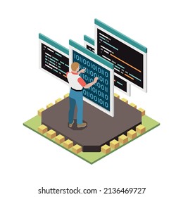 Programming Development Isometric Composition With Image Of Silicon Chip With Human Character And Code On Screens Vector Illustration