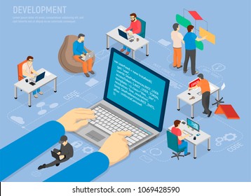 Programming Development Poster With Code In Laptop. Programmers Work On Computers. Computer Programs Coding Development Cartoon Vector Illustration.