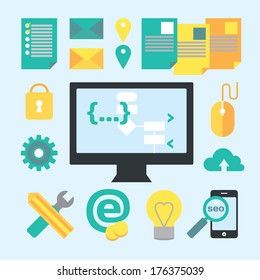 Programming and development process design elements. Process of creating software. Vector modern illustration in flat style.